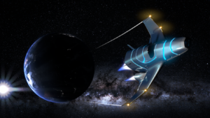 Blender render spaceship flying away from earth
